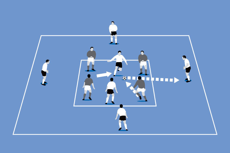 The two defenders win the ball from the attackers in the small area 2v4 ...