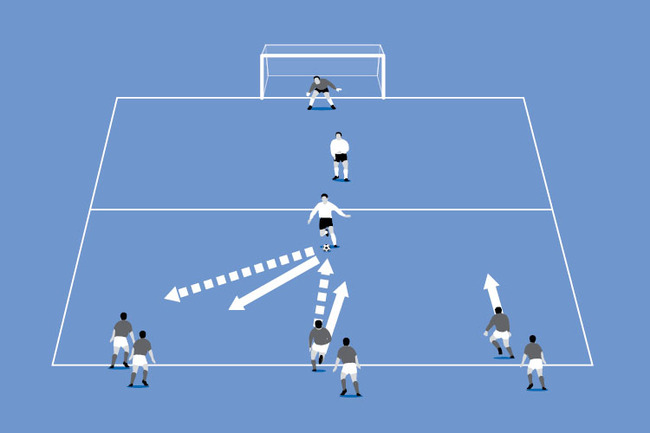 The three players make a quick break and beat both defenders to score a goal.