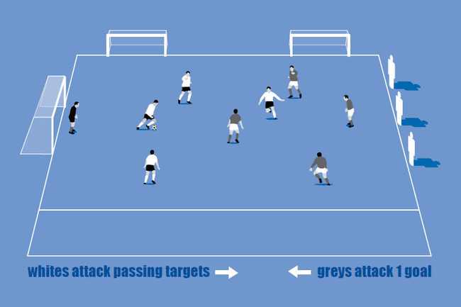 The grey team attack the big goal while the white team attack the passing targets.