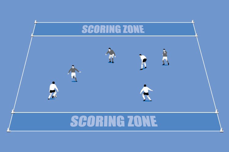 In a small-sided game players have to dribble into the end zones to score goals.