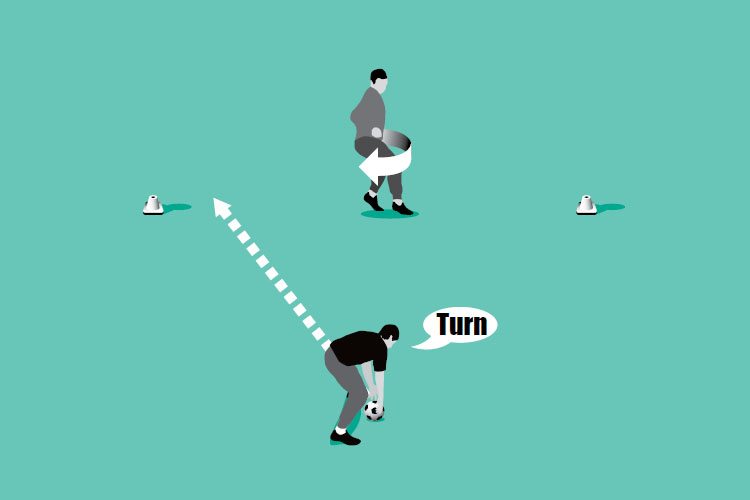 On your shout, the goalkeeper turns and has to move quickly to react to the moving ball.