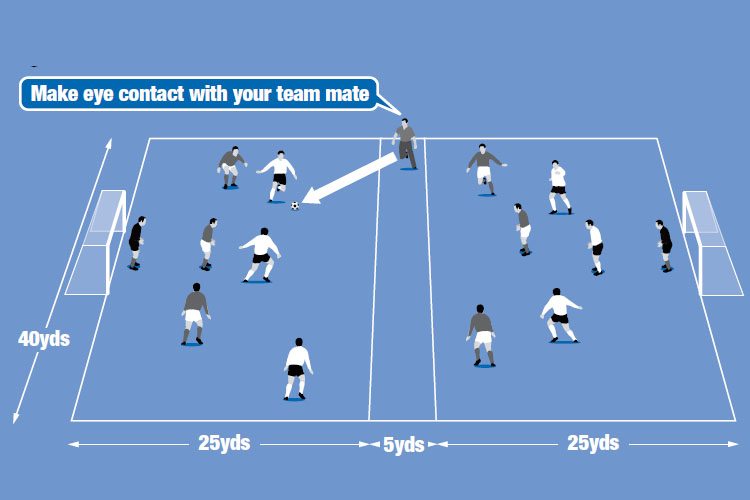 You start the game in the central zone. Attackers try to use disguise passes to each other to try and score.