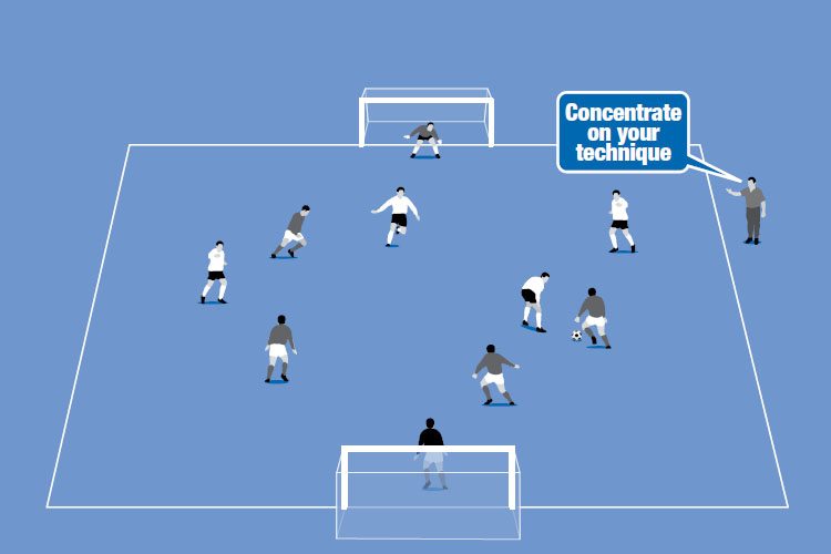In a small-sided game, “kick-ins” are awarded rather than throw-ins to continually create set pieces to test attackers and defenders.