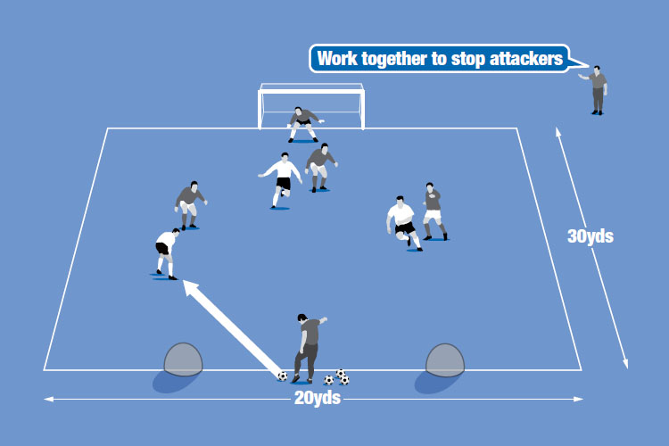 Defenders try to stop attacks on the big goal – their reward is to shoot at the target goals if they win possession.