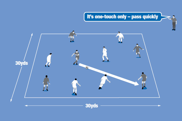 Reduce the number of touches each player can take in a game in which teams must retain possession.