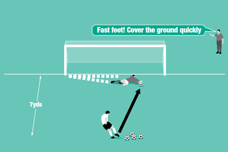 A keeper moves from post to post and when in the centre, his partner strikes the ball firmly. The keeper tries to dive and save the shot.