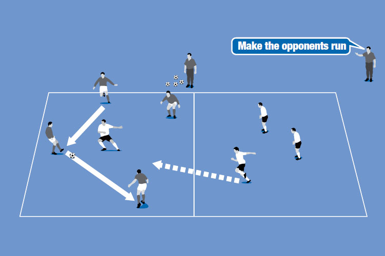 After four passes are made, another defender joins the action to make it a 2v4.