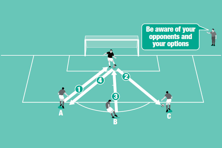 Servers use two balls to continually pass to the keeper, who must stay alert and return them.