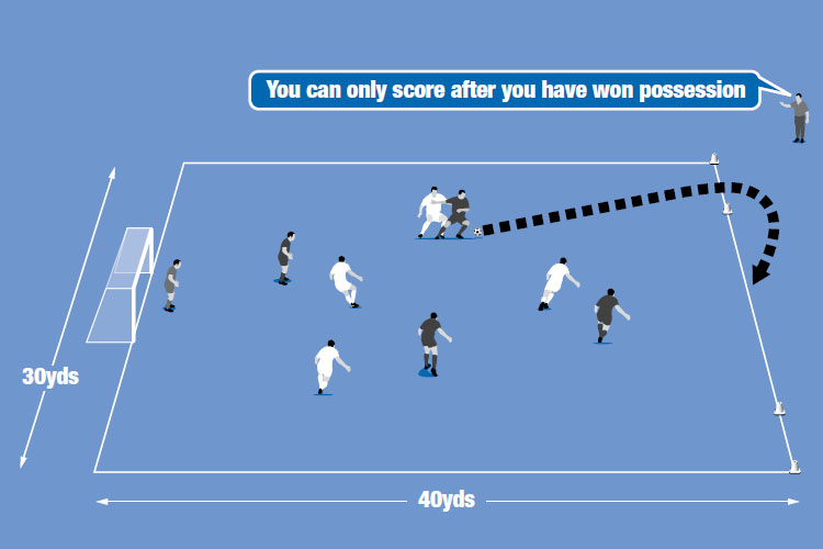 Teams try to score in the big goal by winning possession, dribbling off the pitch through a cone goal and returning to attack in the area.