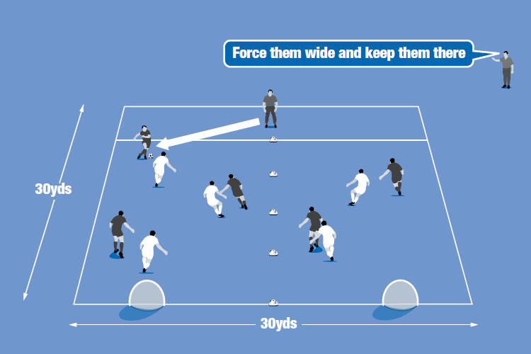 The black team tries to score in the target goals while the white team tries to force opponents to one side and win the ball.
