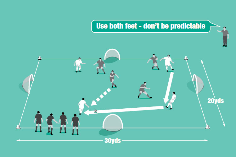 In a 4v4 (while a third team rests), one team tries to retain possession while the other can score in any goal if it wins the ball.