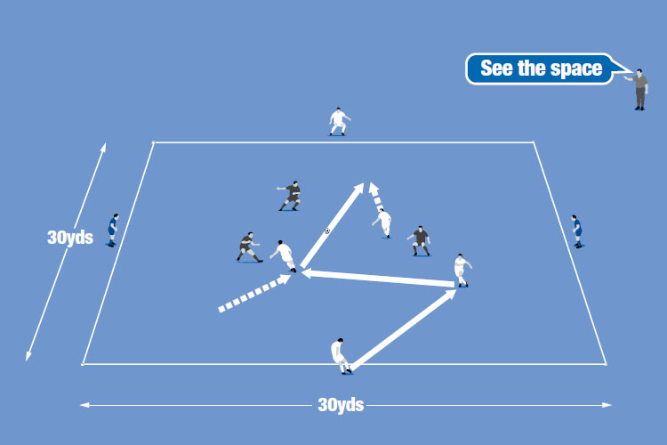 The teams try to switch play from one side to the other to score.