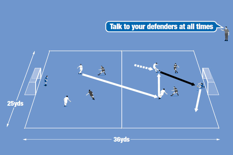 The goalkeeper communicates to his defenders and gets ready to react and save from a shot inside the box.