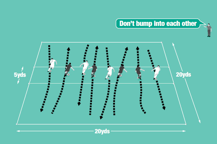Players dribble from their zone through the central strip to the opposite zone without bumping into each other.