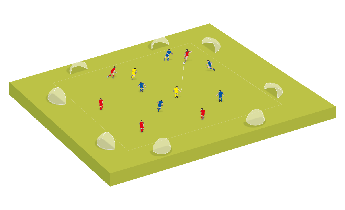 Coloque dos porterías en cada lado del área y divida a los jugadores en dos equipos, con dos jugadores de apoyo ayudando al equipo en posesión.