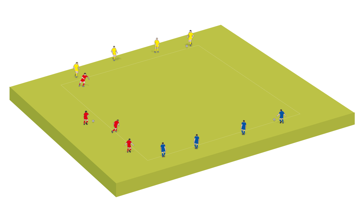 Usa un área cuadrada y divide a los jugadores en grupos.  Cada grupo tiene una pelota.