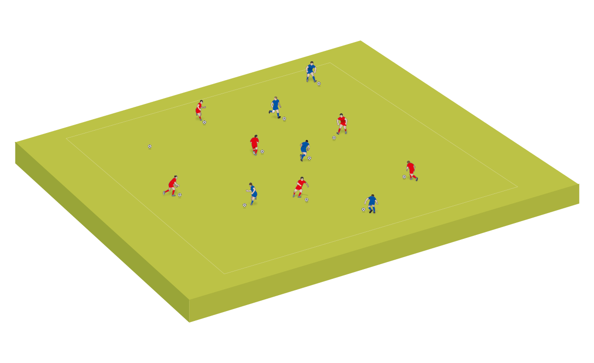 Los jugadores se dividen en dos equipos.  Cada jugador tiene un balón y regatea por el área.