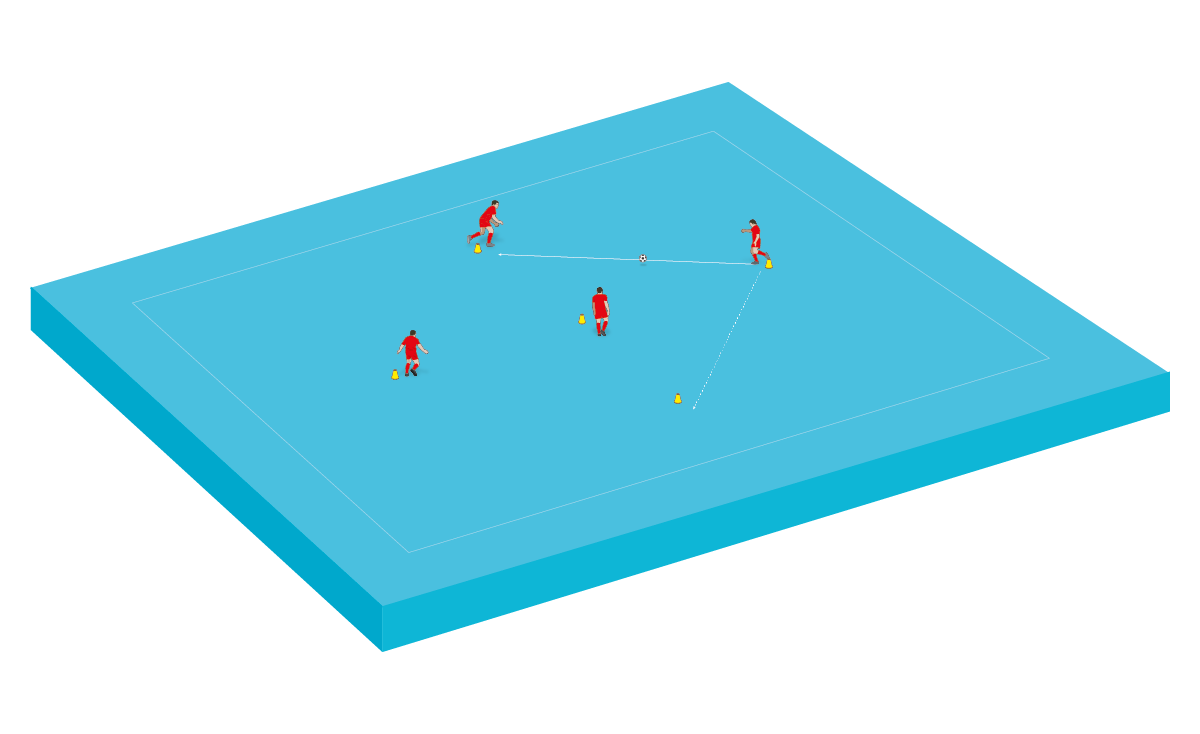 2. Coloca cinco conos en forma de diamante.  En grupos de cuatro, los jugadores se pasan unos a otros y luego se mueven al cono desocupado.