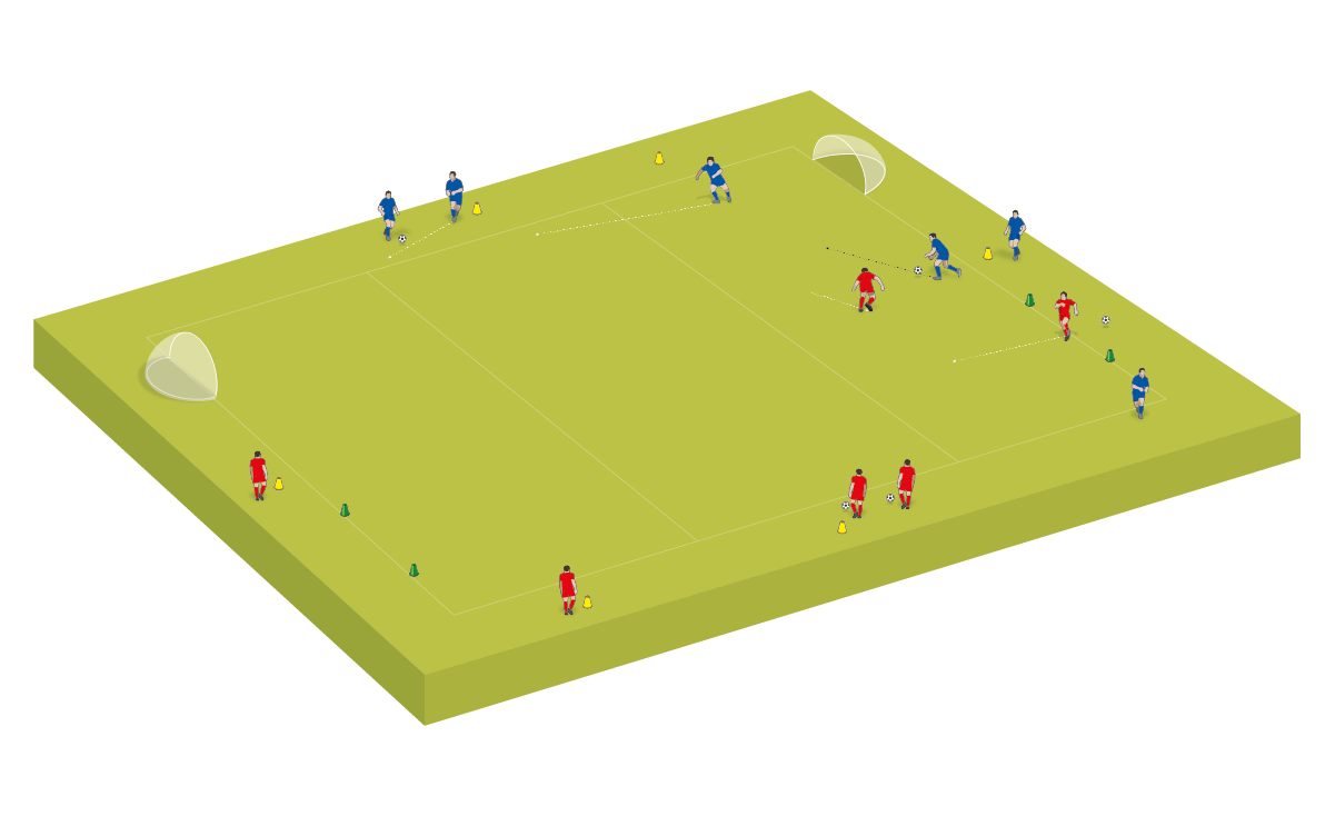 Aquí, el atacante azul regatea al defensor rojo.  Los jugadores deben considerar el posicionamiento y el movimiento de los oponentes.