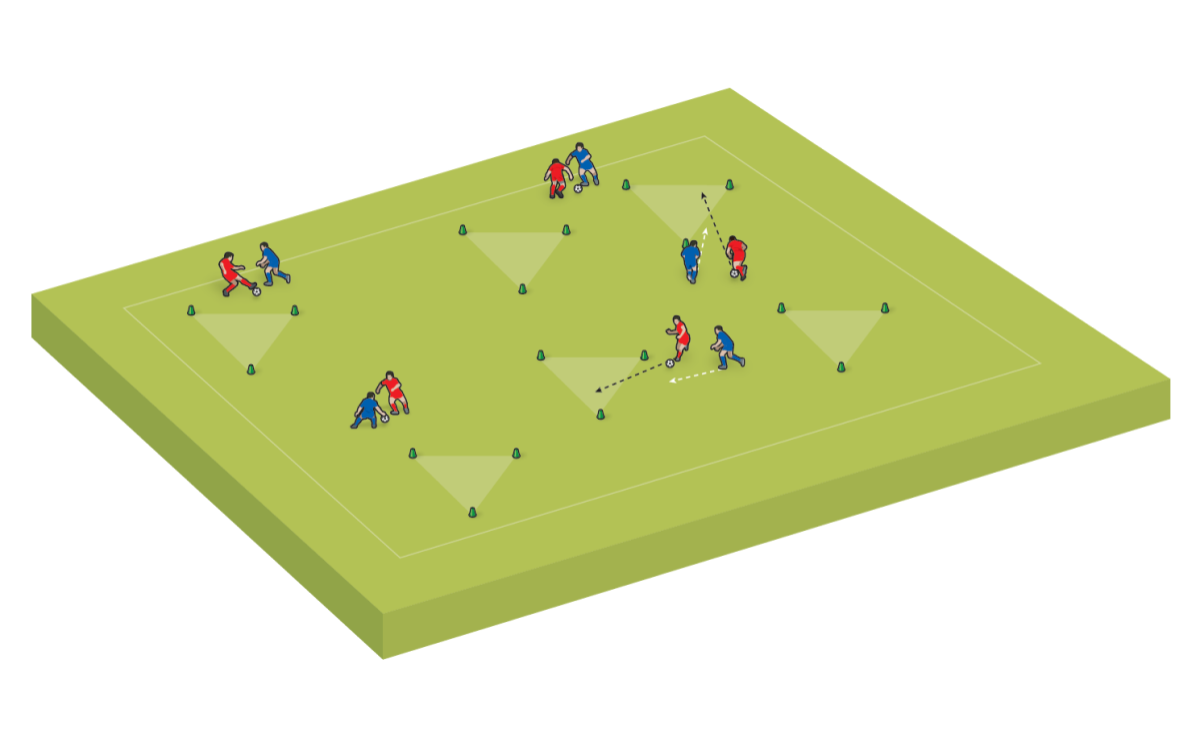Si los jugadores le quitan el balón a su oponente, buscan driblar a través de los triángulos para ganar puntos.