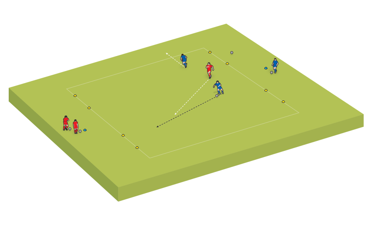 El atacante corre con el balón hacia la portería mientras el defensor lo persigue.  El anterior defensa sale del área