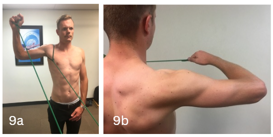 Figure 9a (Scapula setting with ER on 90 degrees abduction), and Figure 9b (Resisted horizontal extension on 90 degrees abduction). Figure 9a (Scapula setting with ER on 90 degrees abduction), and Figure 9b (Resisted horizontal extension on 90 degrees abduction).