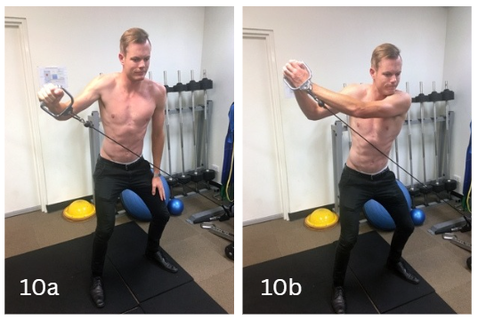Figure 10a (Top of ‘lawnmower exercise’ using uninjured side to assist), and Figure 10b (Eccentric phase of ‘lawnmower exercise’ lowering back to start position). Figure 10a (Top of ‘lawnmower exercise’ using uninjured side to assist), and Figure 10b (Eccentric phase of ‘lawnmower exercise’ lowering back to start position).