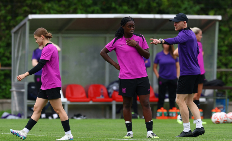 Arjan Veurink, then England assistant manager, delivers an individual intervention to striker Michelle Agyeman as England trained for the UEFA Women's Euro 2025 | Credit: Reuters/Matthew Childs Arjan Veurink, then England assistant manager, delivers an individual intervention to striker Michelle Agyeman as England trained for the UEFA Women's Euro 2025 | Credit: Reuters/Matthew Childs