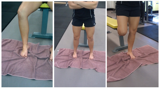 Figure 1: Towel Scrunches. Begin in sitting and scrunch a towel with both feet. Progress to standing scrunches with both feet, then standing on one foot. Figure 1: Towel Scrunches. Begin in sitting and scrunch a towel with both feet. Progress to standing scrunches with both feet, then standing on one foot.